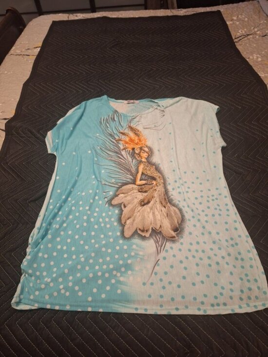blossom by p Tops - Blossom By P Women’s 2XL Rhinestone Graphic Top Blue Polka Dot Short Sleeve Shir
